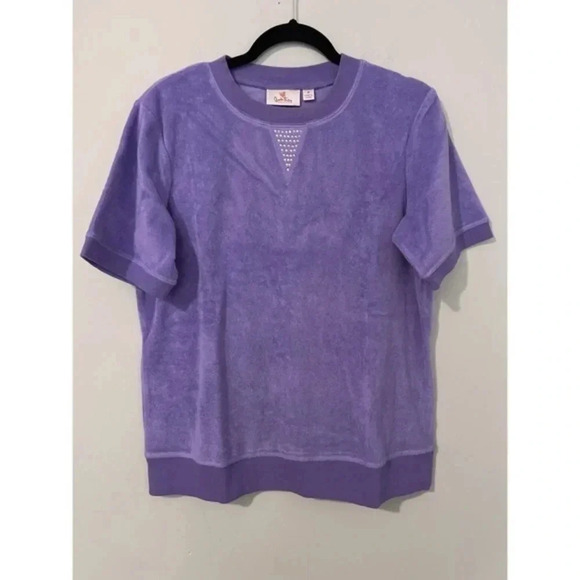Quacker Factory Sweater Women’s Medium Purple Short Sleeve Terry Cloth Studded - Picture 2 of 9